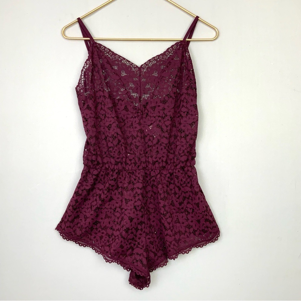 Victoria's Secret Sz Small Wine Romper Lace Sheer Floral Lingerie Teddy Bodysuit